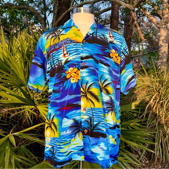 Vintage Other - VLVWATV Vintage Blue Hawaiian Palm Tree Shirt Size L Aloha Floral Tropical Beach